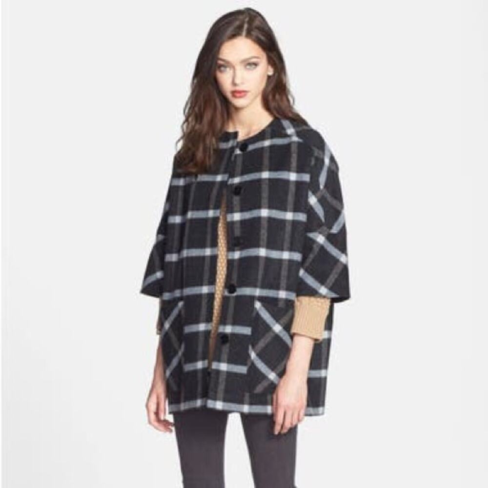 Helene Berman Plaid Wool Coat Oversized Gray S
